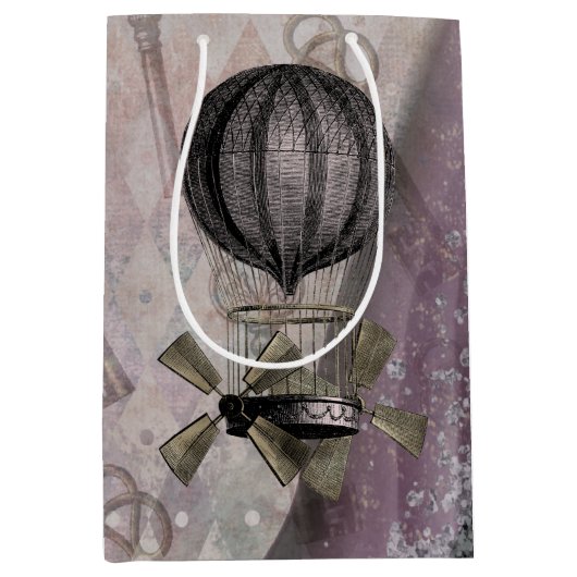 ヴィンテージスチームパンクグラムパープルエアシップ ミディアムペーパーバッグ (正面)