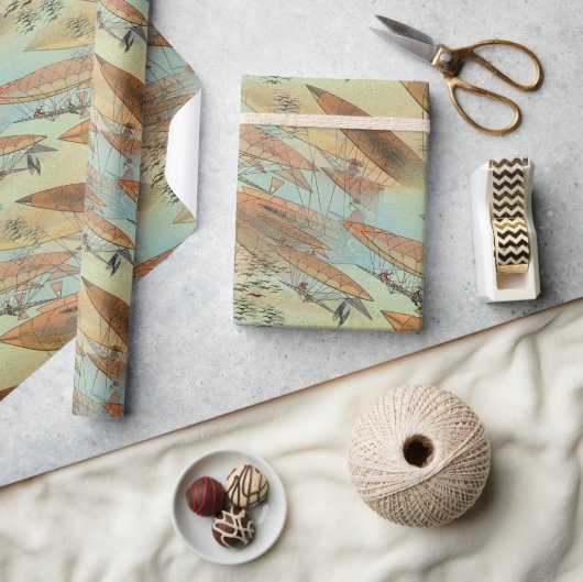 ヴィンテージスチームパンクスタイル飛行機船飛行パターン ラッピングペーパー (クラフト)