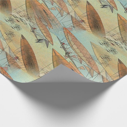 ヴィンテージスチームパンクスタイル飛行機船飛行パターン ラッピングペーパー (角)