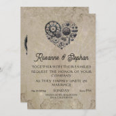 ヴィンテージスチームパンクハートのギア結婚ズ 招待状 (正面/裏面)