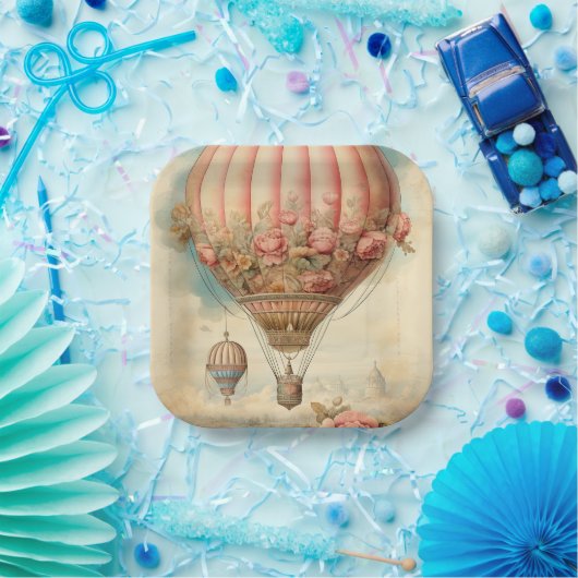 ヴィンテージスチームパンクピンクフローラホットエアバルーン ペーパープレート (パーティー)