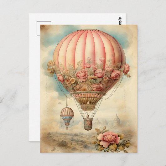ヴィンテージスチームパンクピンクフローラホットエアバルーン ポストカード (正面/裏面)