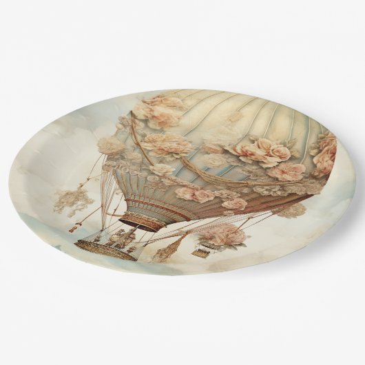 ヴィンテージスチームパンクフローラブルーホットエアバルーン(2) ペーパープレート (アングル)