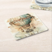 ヴィンテージスチームパンクブルーホットエアバルーン(2) スクエアペーパーコースター (アングル)