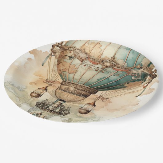 ヴィンテージスチームパンクブルーホットエアバルーン(2) ペーパープレート (アングル)