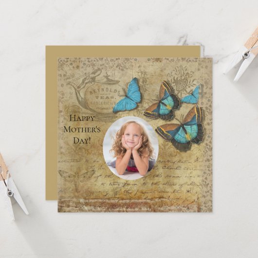 ヴィンテージスチームパンクブルー蝶オンパーチメント カード (正面/裏面インサイチュ)