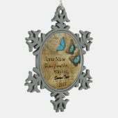 ヴィンテージスチームパンクブルー蝶オンパーチメント スノーフレークピューターオーナメント (左)