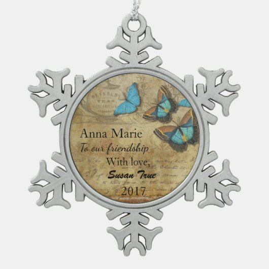 ヴィンテージスチームパンクブルー蝶オンパーチメント スノーフレークピューターオーナメント (正面)
