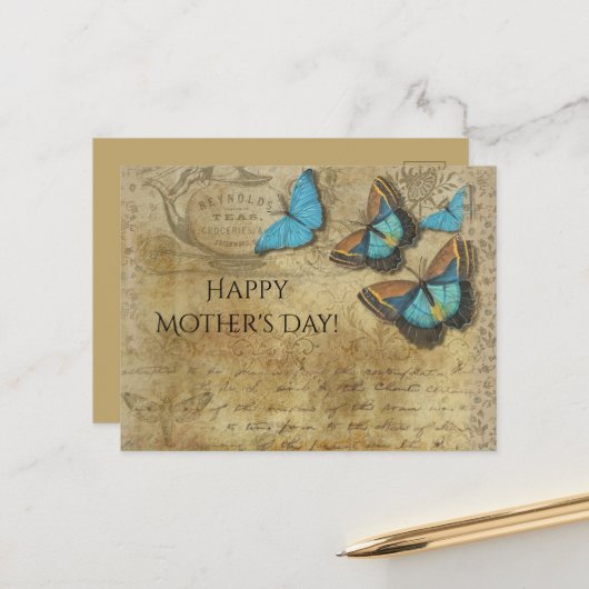 ヴィンテージスチームパンクブルー蝶オンパーチメント ポストカード (正面/裏面インサイチュ)