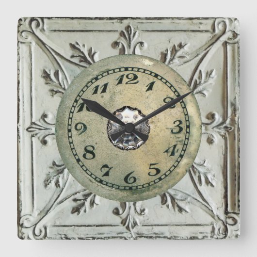 ヴィンテージスチームパンクメタルジャンク スクエア壁時計 (正面)