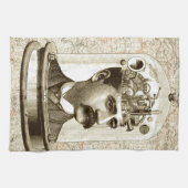 ヴィンテージスチームパンク時計用脳、口ひげ男 キッチンタオル (横)