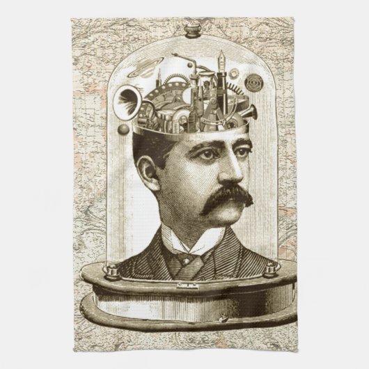 ヴィンテージスチームパンク時計用脳、口ひげ男 キッチンタオル (縦)