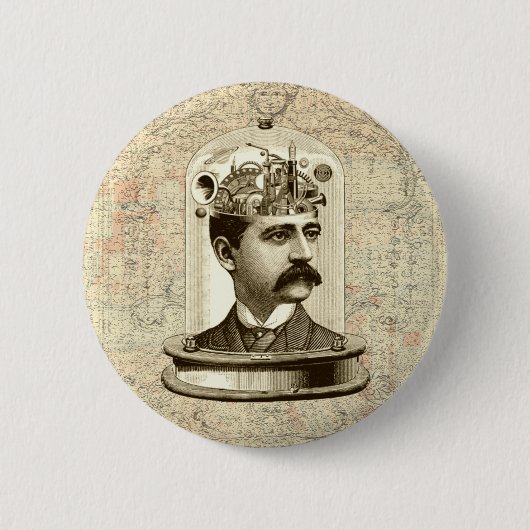 ヴィンテージスチームパンク時計用脳、口ひげ男 缶バッジ (正面)