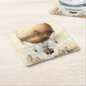 ヴィンテージスチームパンク熱気球 スクエアペーパーコースター (アングル)