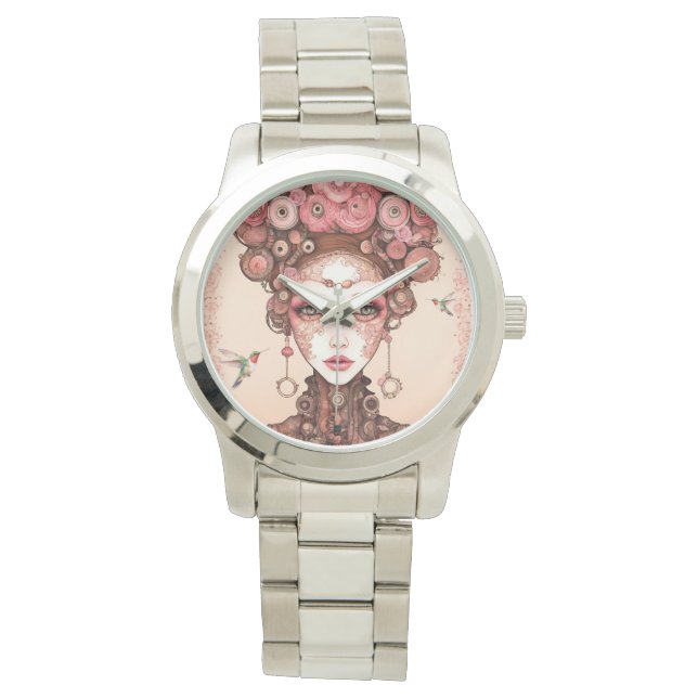 ヴィンテージスチームパンク美しい顔ピンクオンメタル 腕時計 (正面)