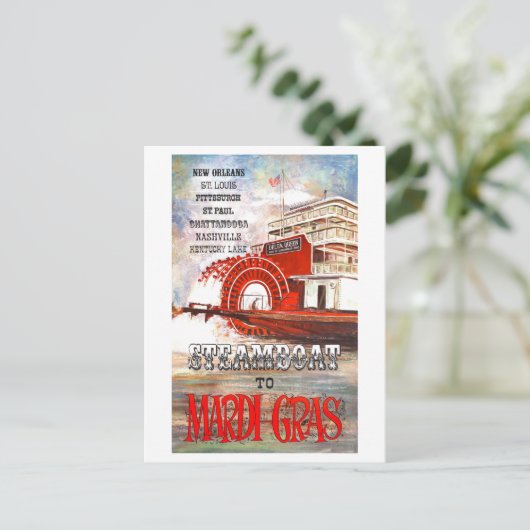 ヴィンテージスチームボートへマルディグラ旅行ポスター ポストカード (スタンド正面)