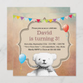 ヴィンテージスティップルテディベア誕生日 招待状 (正面/裏面)