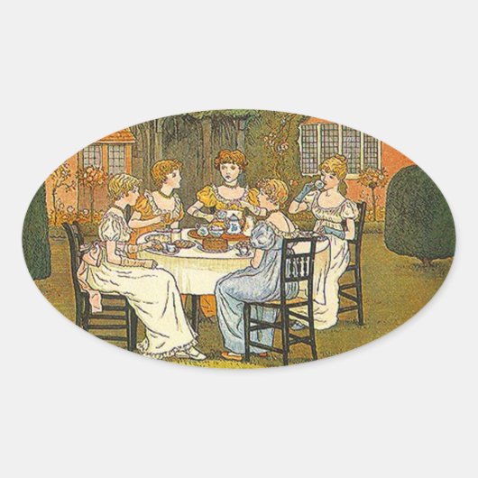 ヴィンテージステッカー午後のガーデンティーパーティーステッカー 楕円形シール (正面)