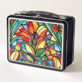 ヴィンテージステンドガカラフルラス花模様 メタルランチボックス (正面)