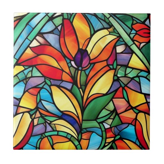 ヴィンテージステンドグラスオレンジ紫色の花 タイル (正面)