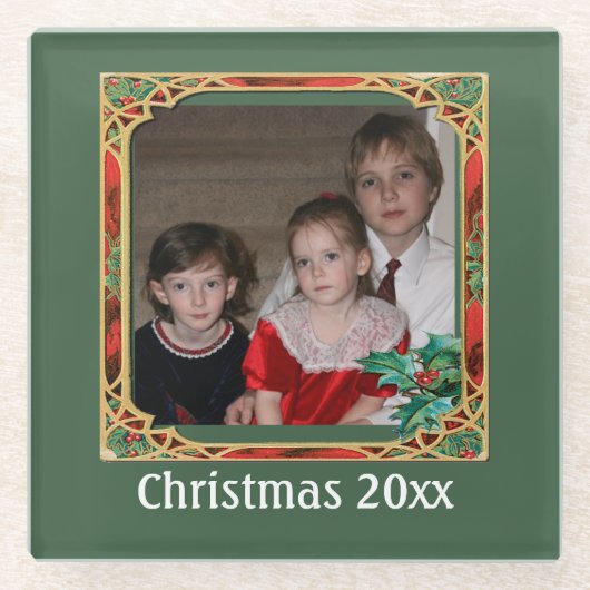 ヴィンテージステンドグラス写真枠赤緑投 ガラスコースター (正面)