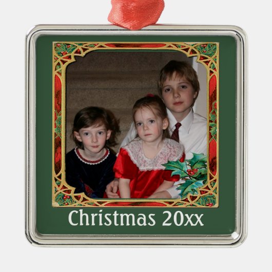 ヴィンテージステンドグラス写真枠赤緑 メタルオーナメント (正面)