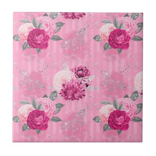 ヴィンテージステームパンクピンクローゼズアンドシルバーグリッター タイル (正面)