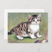 ヴィンテージストライプのキッテンイラストレーション ポストカード (正面/裏面)