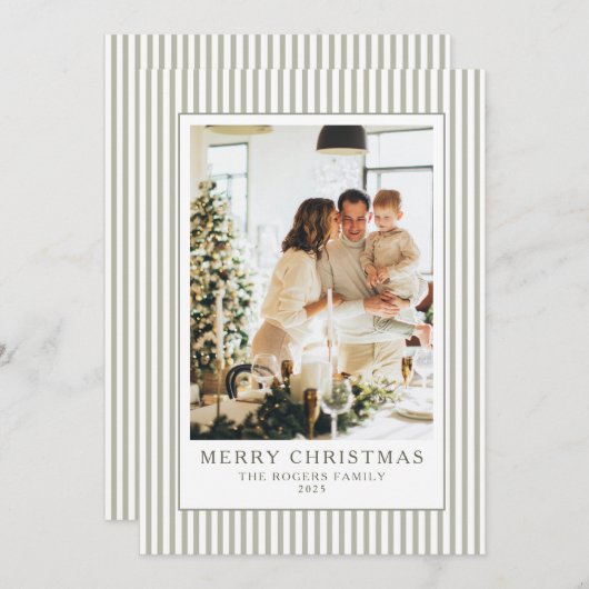 ヴィンテージストライプのセージグリーン写真クリスマス シーズンカード (正面/裏面)