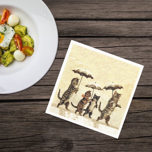 ヴィンテージストライプのネコ傘踊り雪 スタンダードカクテルナプキン