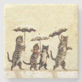 ヴィンテージストライプのネコ傘踊り雪 ストーンコースター (正面)