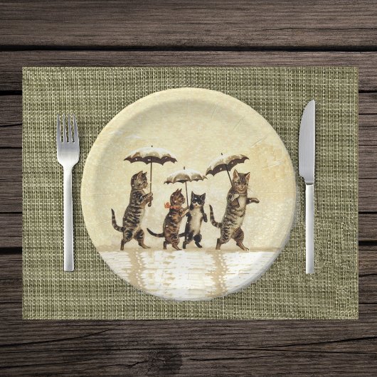 ヴィンテージストライプのネコ傘踊り雪 ペーパープレート