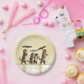 ヴィンテージストライプのネコ傘踊り雪 ペーパープレート (パーティー)