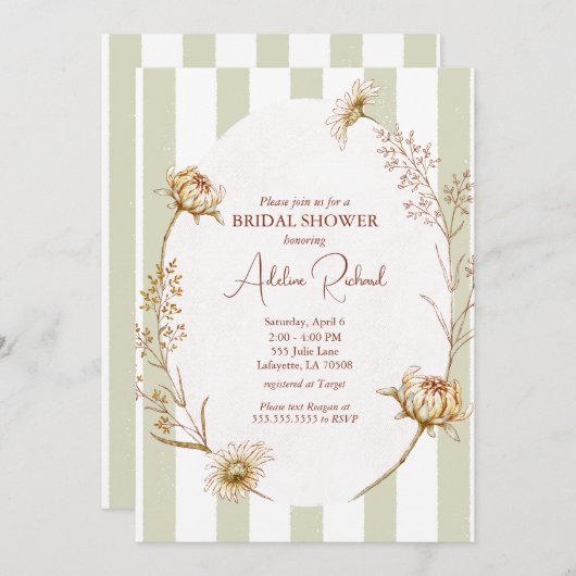 ヴィンテージストライプのフローラのブライダルシャワー招待 招待状 (正面/裏面)