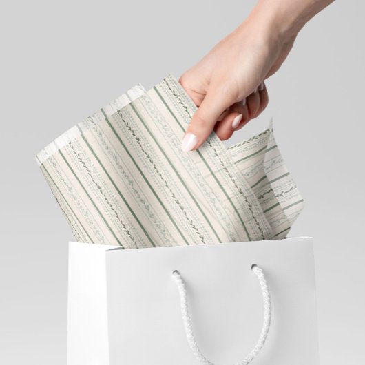 ヴィンテージストライプのフローラクリーム，青と緑 薄葉紙