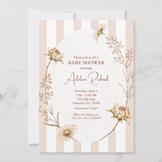 ヴィンテージストライプのフローラベビーシャワー招待状 招待状 (正面)