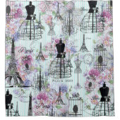 ヴィンテージストライプエッフェルタワーコラージュピンクフローラ シャワーカーテン (正面)