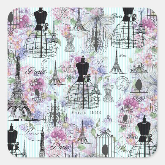 ヴィンテージストライプエッフェルタワーコラージュピンクフローラ スクエアシール (正面)