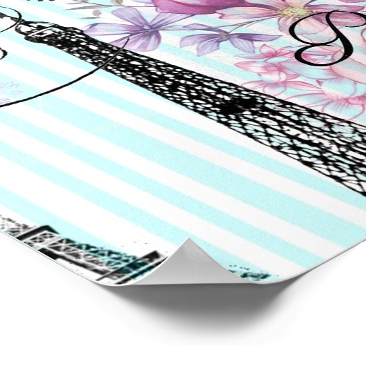 ヴィンテージストライプエッフェルタワーコラージュピンクフローラ ポスター (角)