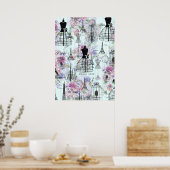 ヴィンテージストライプエッフェルタワーコラージュピンクフローラ ポスター (キッチン)