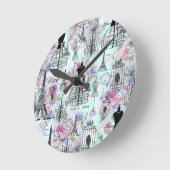 ヴィンテージストライプエッフェルタワーコラージュピンクフローラ ラウンド壁時計 (傾斜)