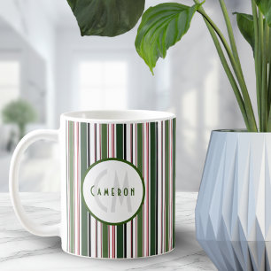 ヴィンテージストライプグモダンリーンホワイトモノグラム コーヒーマグカップ