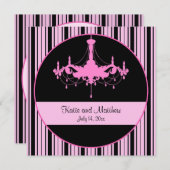 ヴィンテージストライプピンクとシャンデリア結婚スクエア 招待状 (正面/裏面)