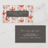 ヴィンテージストライプピンクと花の名刺 名刺 (正面/裏面)