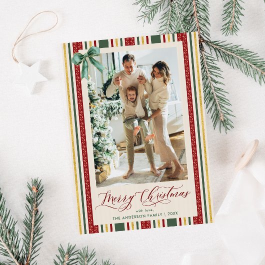 ヴィンテージストライプレッドグリーンボウメリークリスマスフォト シーズンカード