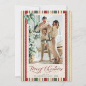 ヴィンテージストライプレッドグリーンボウメリークリスマスフォト シーズンカード (正面)