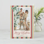 ヴィンテージストライプレッドグリーンボウメリークリスマスフォト シーズンカード (スタンド正面)