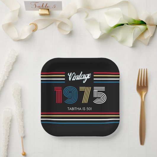 ヴィンテージストライプレトロ1975原色 ペーパープレート (ウェディング)