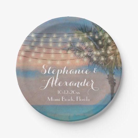 ヴィンテージストリングライツサンセットビーチ結婚式 ペーパープレート (正面)