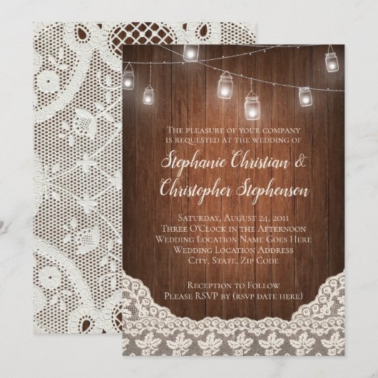 ヴィンテージストリングライツメイソンジャールレースウッド結婚ズ 招待状 (正面/裏面)